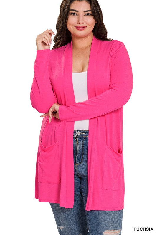 Zenana Plus Size Slouchy Pocket Open Cardigan ZENANA