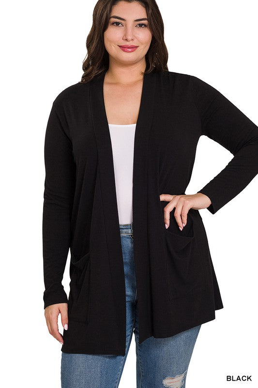 Zenana Plus Size Slouchy Pocket Open Cardigan BLACK ZENANA