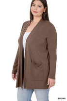 Zenana Plus Size Slouchy Pocket Open Cardigan BROWN ZENANA