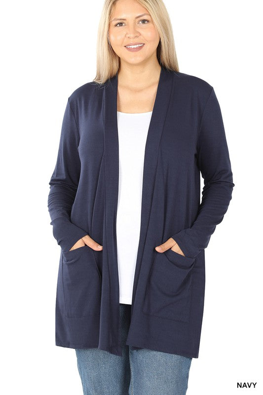 Zenana Plus Size Slouchy Pocket Open Cardigan NAVY ZENANA