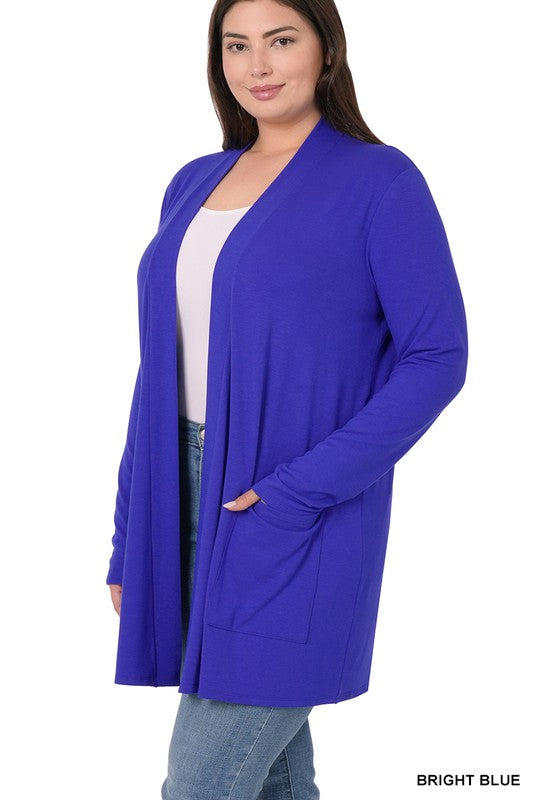 Zenana Plus Size Slouchy Pocket Open Cardigan BRIGHT BLUE ZENANA