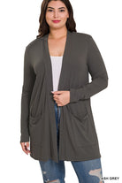 Zenana Plus Size Slouchy Pocket Open Cardigan ASH GREY ZENANA