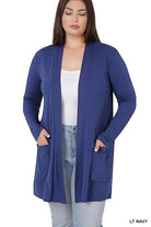 Zenana Plus Size Slouchy Pocket Open Cardigan LT NAVY ZENANA