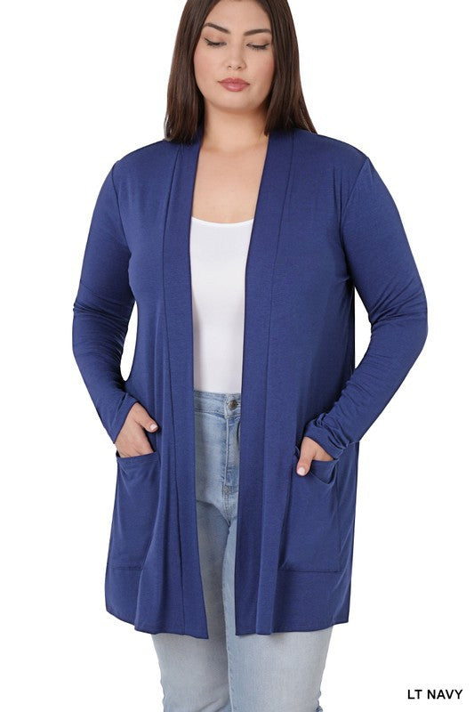 Zenana Plus Size Slouchy Pocket Open Cardigan LT NAVY ZENANA