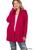 Zenana Plus Size Slouchy Pocket Open Cardigan BURGUNDY ZENANA