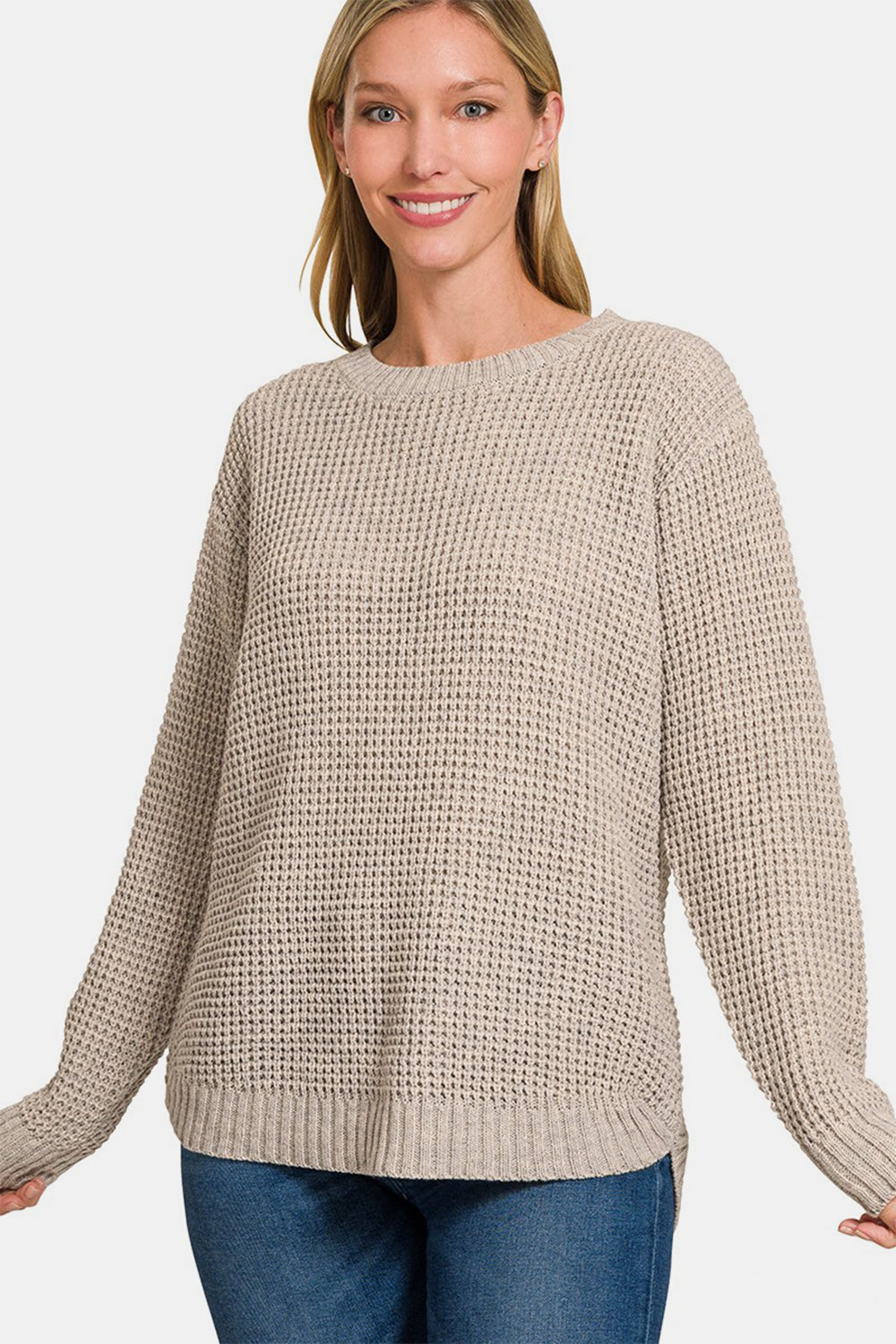 Zenana High Low Long Sleeve Waffle Sweater H Mocha Trendsi