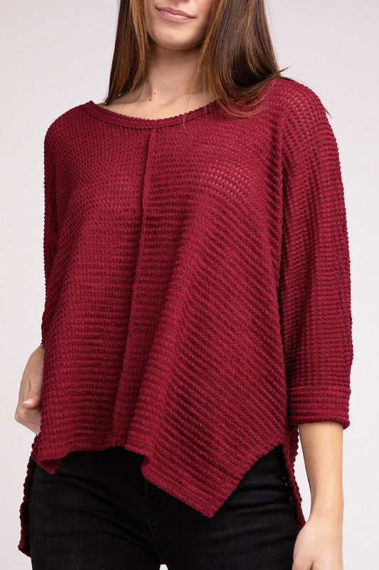 Zenana 3/4 Sleeve V-Neck Hi-Low Hem Jacquard Sweater CABERNET ZENANA