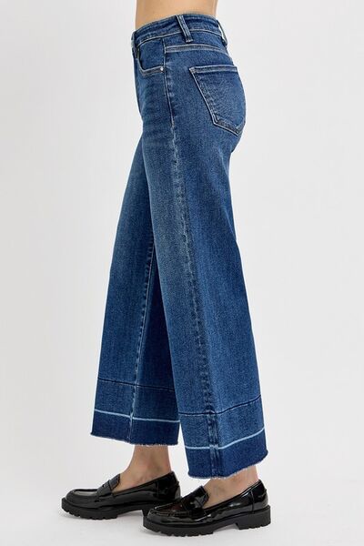 RISEN Dark Washed Tummy Control High Rise Crop Wide Hem Jeans