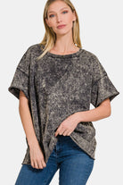 Zenana Black Acid Washed French Terry Drop Shoulder Raw Edge Top Black Trendsi