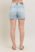 Judy Blue Light Washed Rigid Front Frayed Hem High Rise Denim Magic Shorts with Pockets