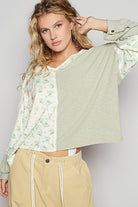 POL Sage Floral Crochet Patch V-Neck Top Sage