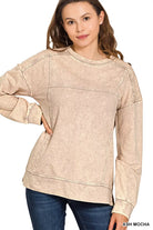Zenana Acid Wash French Terry Exposed-Seam Pullover ASH MOCHA