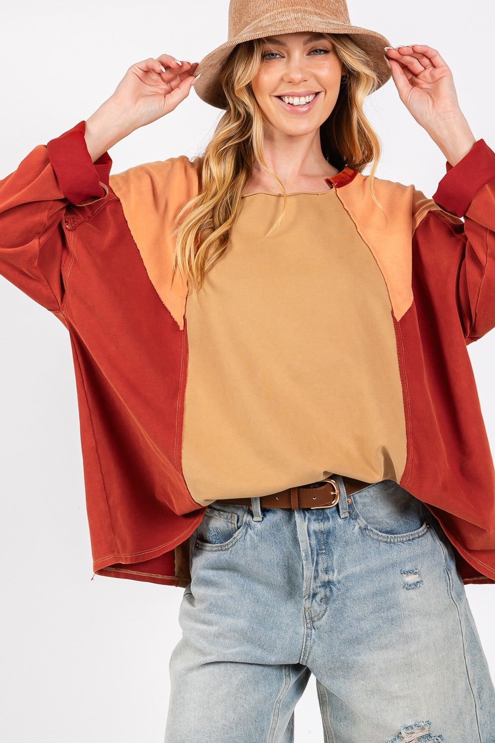 SAGE + FIG Toast Mineral Wash Color Block Top Trendsi