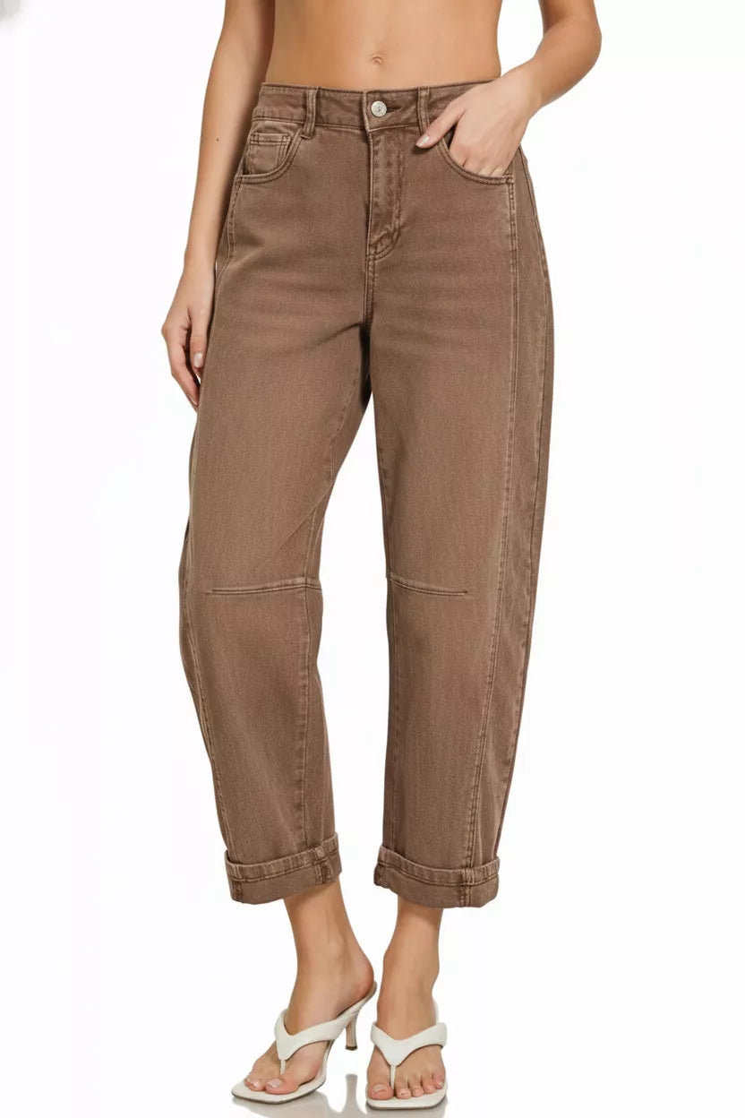 Zenana Brown High Rise Barrel-Leg Cropped Jeans