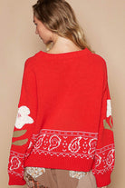 POL Red Flower Lace Patch Long Sleeve Sweater Trendsi