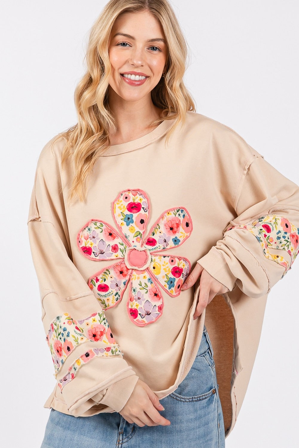 SAGE + FIG Daisy Patch Applique Long Sleeve Sweatshirt in Oatmeal Trendsi