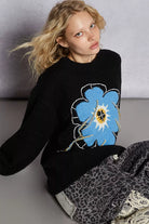 POL Floral Pattern Round Neck Sweater with Exposed Stitching