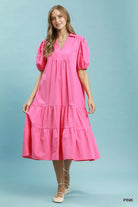Umgee Pink Solid Tiered Midi Dress