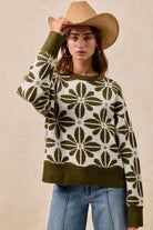 BiBi Olive & Ivory Flower Pattern Long Sleeve Sweater