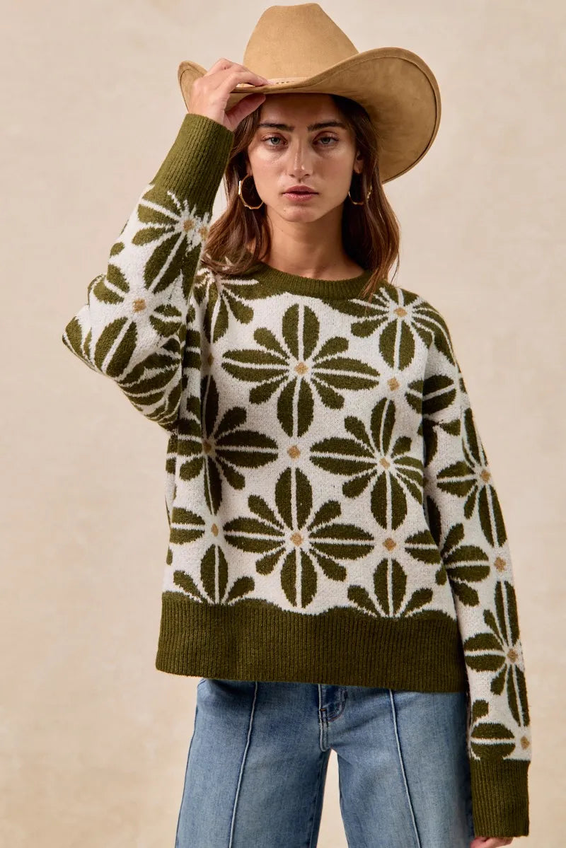 BiBi Olive & Ivory Flower Pattern Long Sleeve Sweater