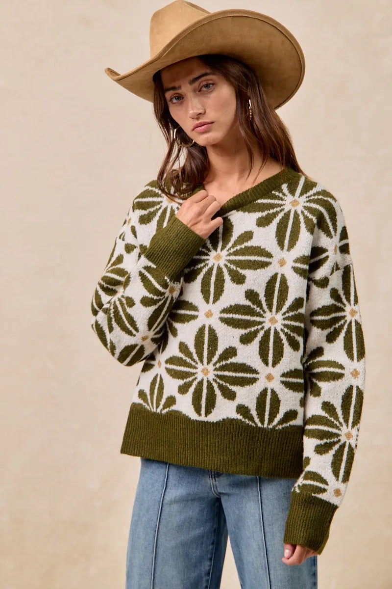 BiBi Olive & Ivory Flower Pattern Long Sleeve Sweater