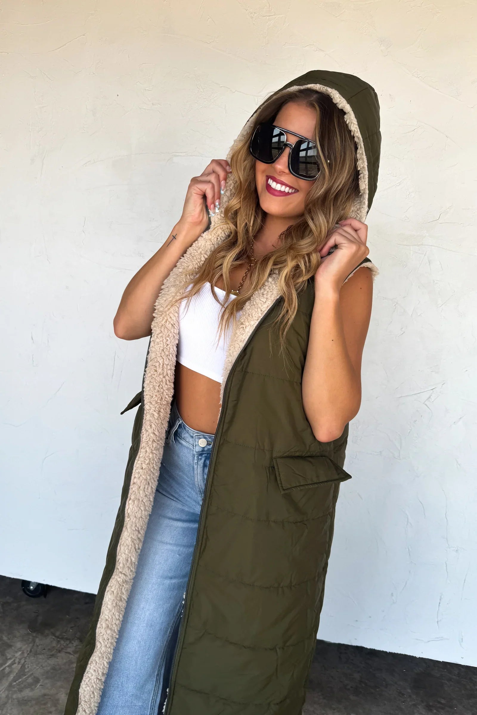 PREORDER: Blakeley Reversible Sherpa Puffer Vest Olive Womens
