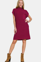 Zenana Cabernet Mock Neck Short Sleeve Sweater Dress