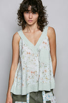 POL Sage Multi Floral V-Neck Tank with Front Pocket