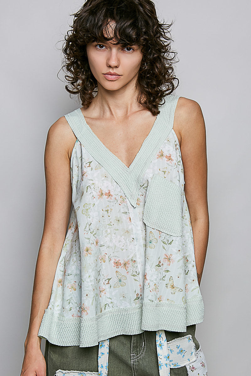 POL Sage Multi Floral V-Neck Tank with Front Pocket
