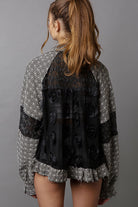 POL Eyelet Flower Pearl Detail Lace Patchwork Shirt in Midnight Black Shirts & Tops