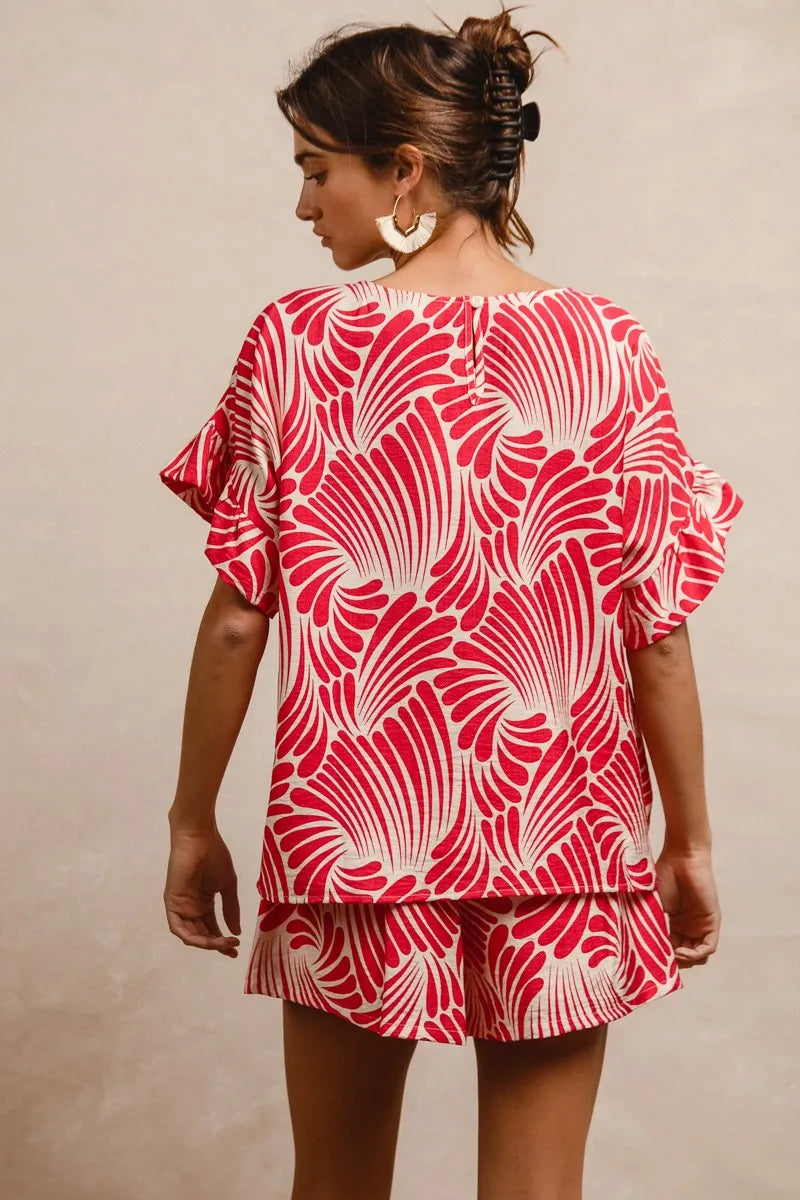 BiBi Print Woven Ruffled Sleeves Blouse