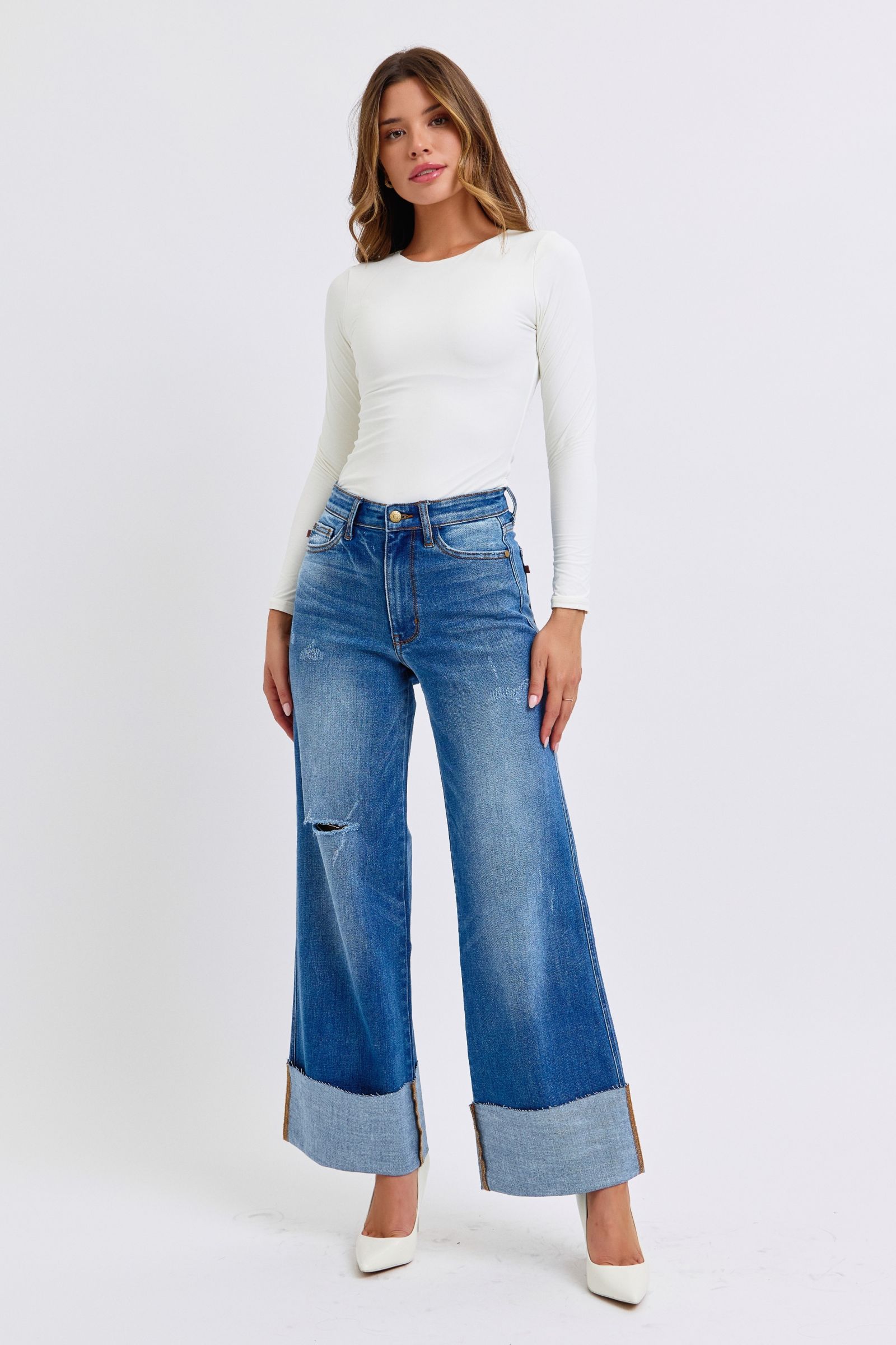 Judy Blue Retro High Waist Wide Leg With Cuff Jeans Jeans