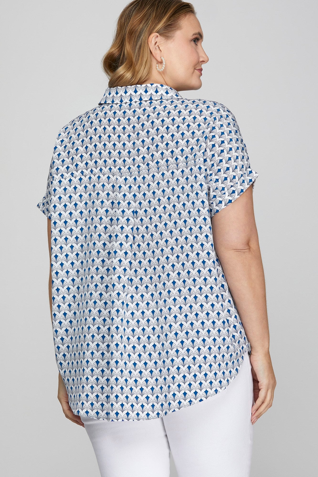 She + Sky Royal Blue Printed Johnny Collar Short Sleeve Blouse