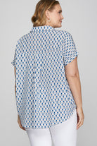 She + Sky Royal Blue Printed Johnny Collar Short Sleeve Blouse