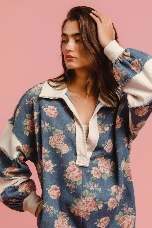 BiBi Washed Floral Denim Romper With Contrast Collar