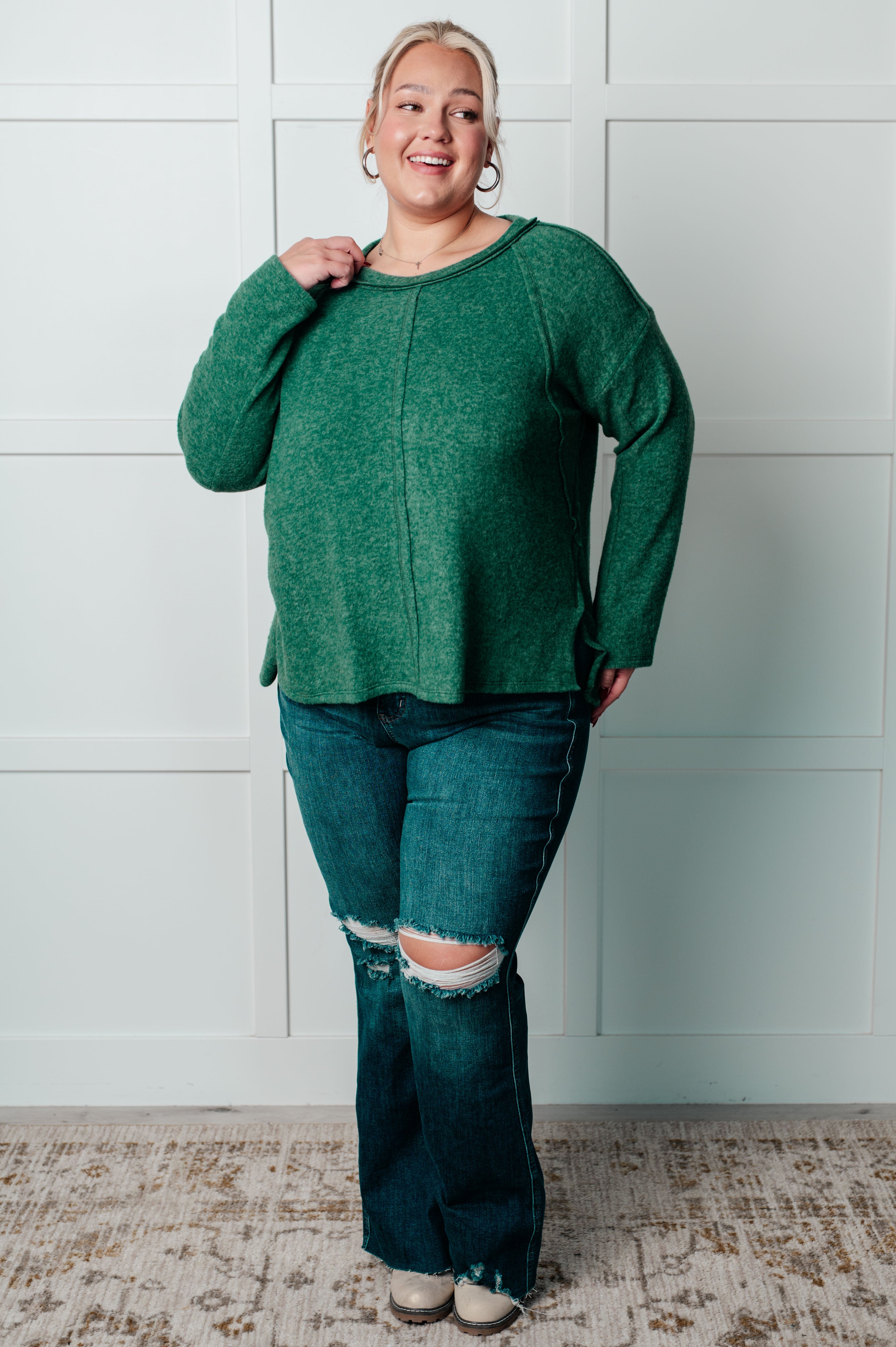 Zenana Simple Silhouette Brushed Hacci Sweater in Dark Green Sweater