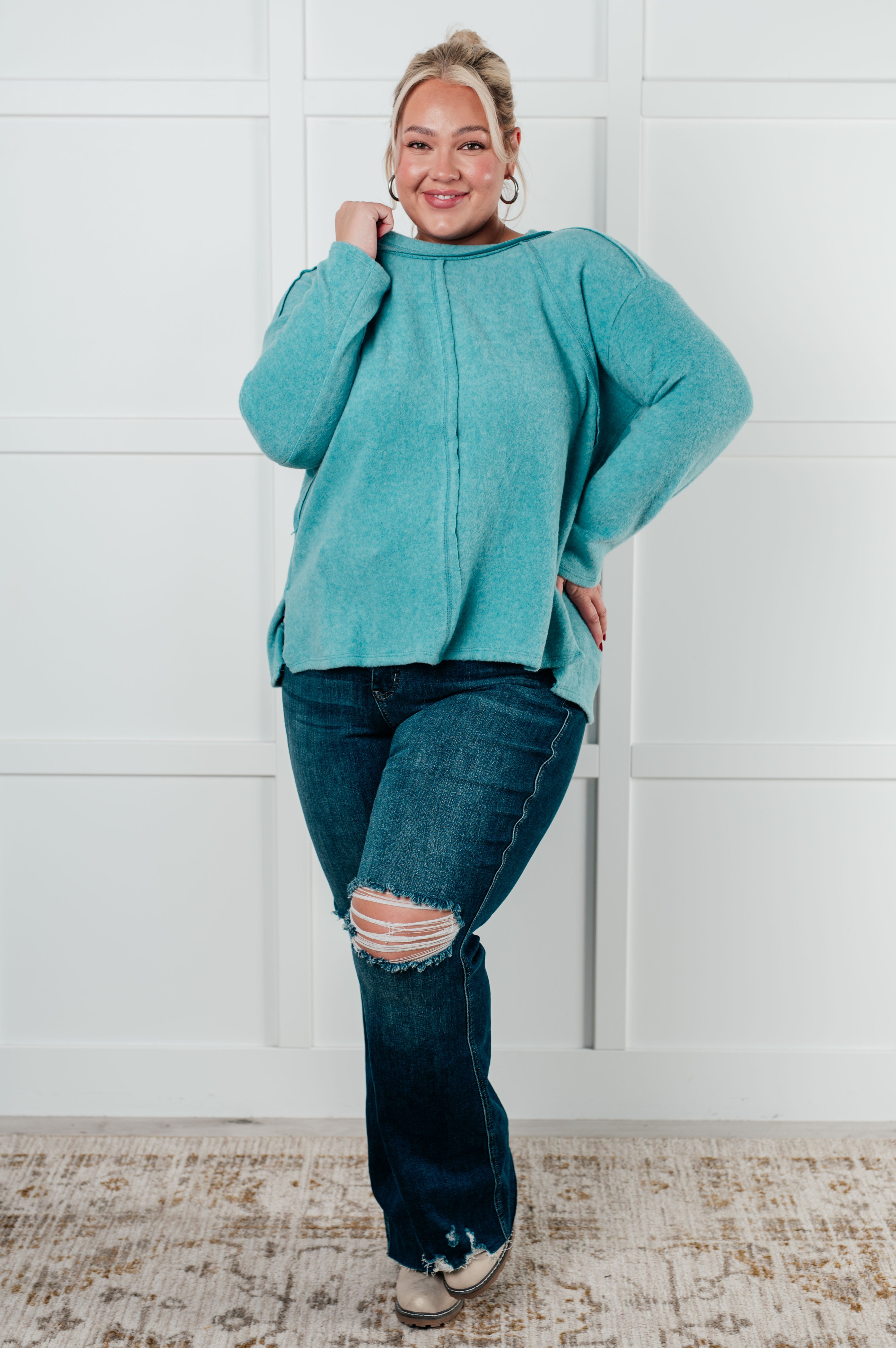 Zenana Simple Silhouette Brushed Hacci Sweater in Dusty Teal Sweater