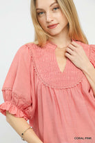 Umgee Coral Pink Smocked Yoke Blouse with Ruffle Sleeves