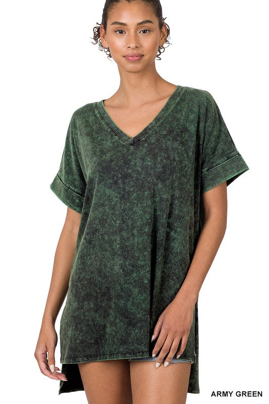 Zenana Mineral Wash Rolled Short Sleeve V-Neck Top Army Green Ruby Idol Apparel