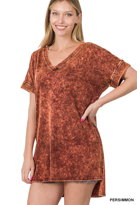 Zenana Mineral Wash Rolled Short Sleeve V-Neck Top Persimmon Ruby Idol Apparel