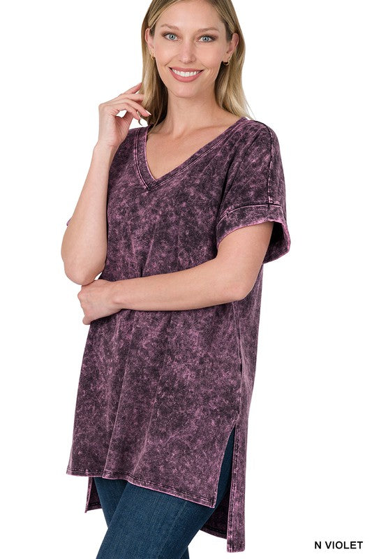 Zenana Mineral Wash Rolled Short Sleeve V-Neck Top Violet Ruby Idol Apparel