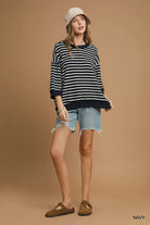 Umgee Navy Ribbed Hem Striped Oversized Knit Top