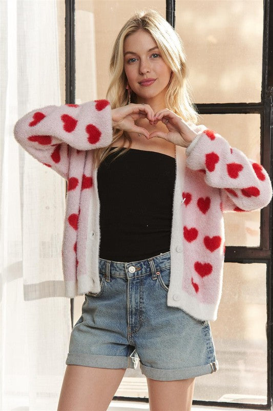 ADORA Ivory & Red Fuzzy Heart Button Down Cardigan Ivory Red