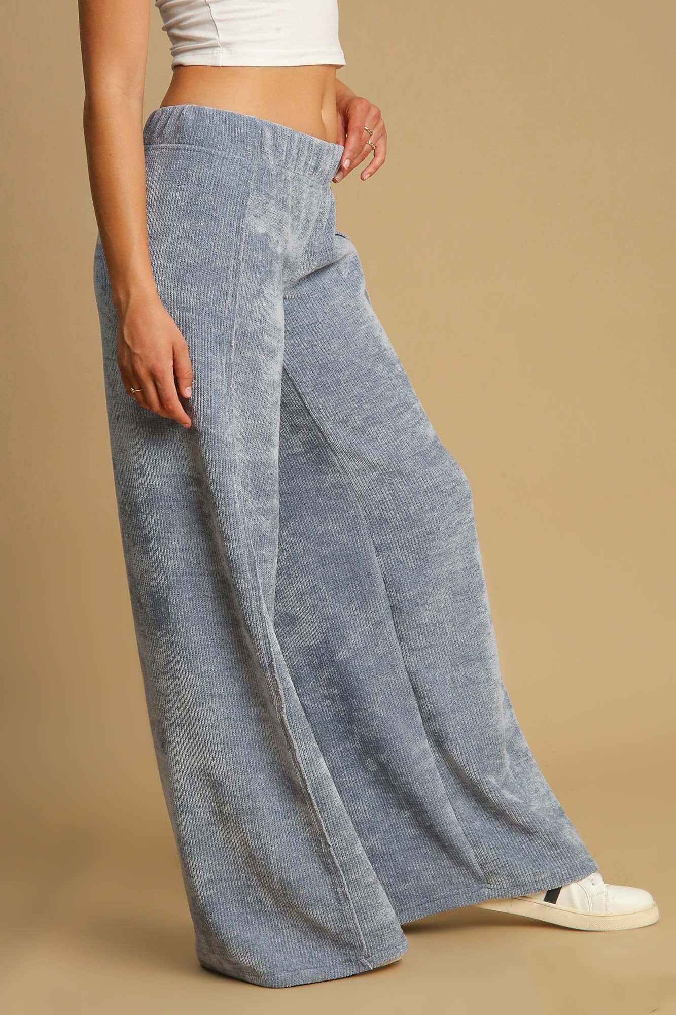 Umgee Light Blue Ribbed Elastic Waist Wide Leg Pants