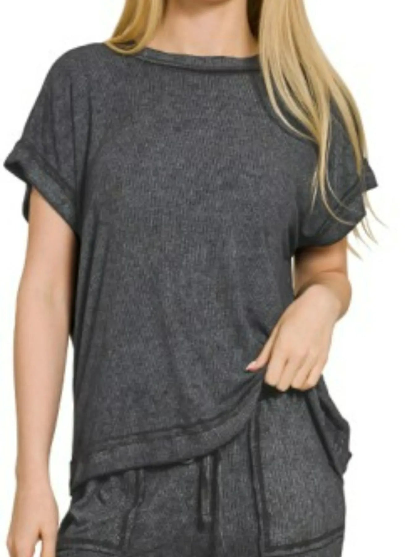 Zenana Black Ribbed Acid Wash Rayon Top & Pants Set