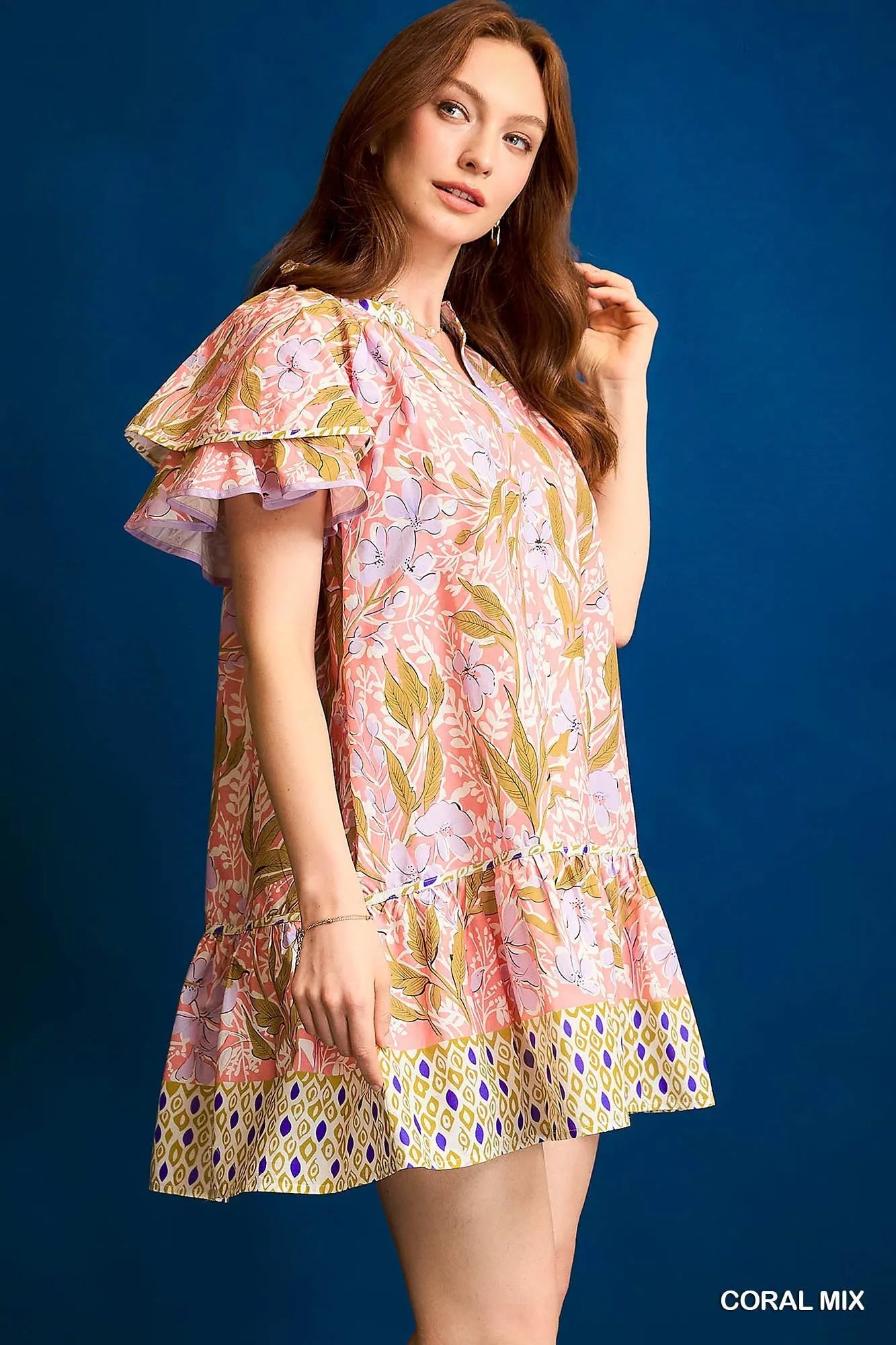 Umgee Coral Mix Floral Ruffle-Sleeve Tunic Dress