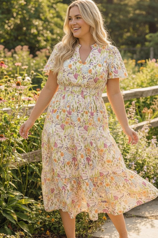 Haptics Notch Neck Smocked Waist Tiered Floral Dress