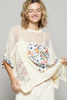 POL Hollow Out Floral Half Sleeve Knit Top Cream