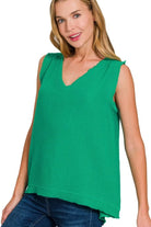 Zenana Kelly Green Double Gauze Raw Edge V-Neck Tank K GREEN