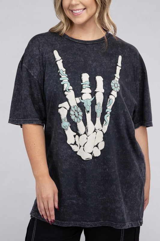 Lotus Fashion Collection Plus Skeleton Rock Hand Sign Graphic Top Vintage Black Mineral Wash Lotus Fashion Collection